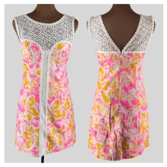 Lilly Pulitzer Shift Dress Women 0 Pink Yellow White Lace Trim Floral EUC Neon